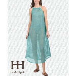 "Haute Hippie" Aqua Crochet Maxi Dress/Beach Cover-up, Boho Rope Straps Size L